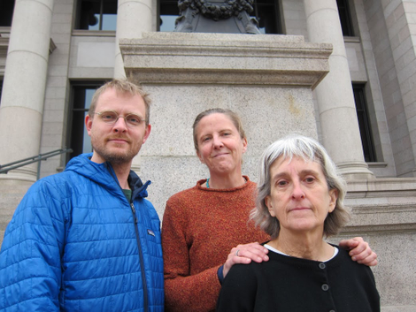 From left to right, supporter Ben Joldersma, Emily Johnston, and Annette Klapstein, whose trial begins this week for shutting down two crude oil pipelines in Minnesota.